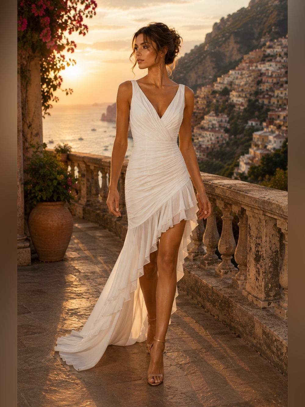 NEW Mac Duggal 49487 Asymmetrical Hem Ruffled V-Neck Chiffon Dress White Size 0